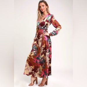 Lulus Burgundy Floral Print Satin Wrap Maxi Dress